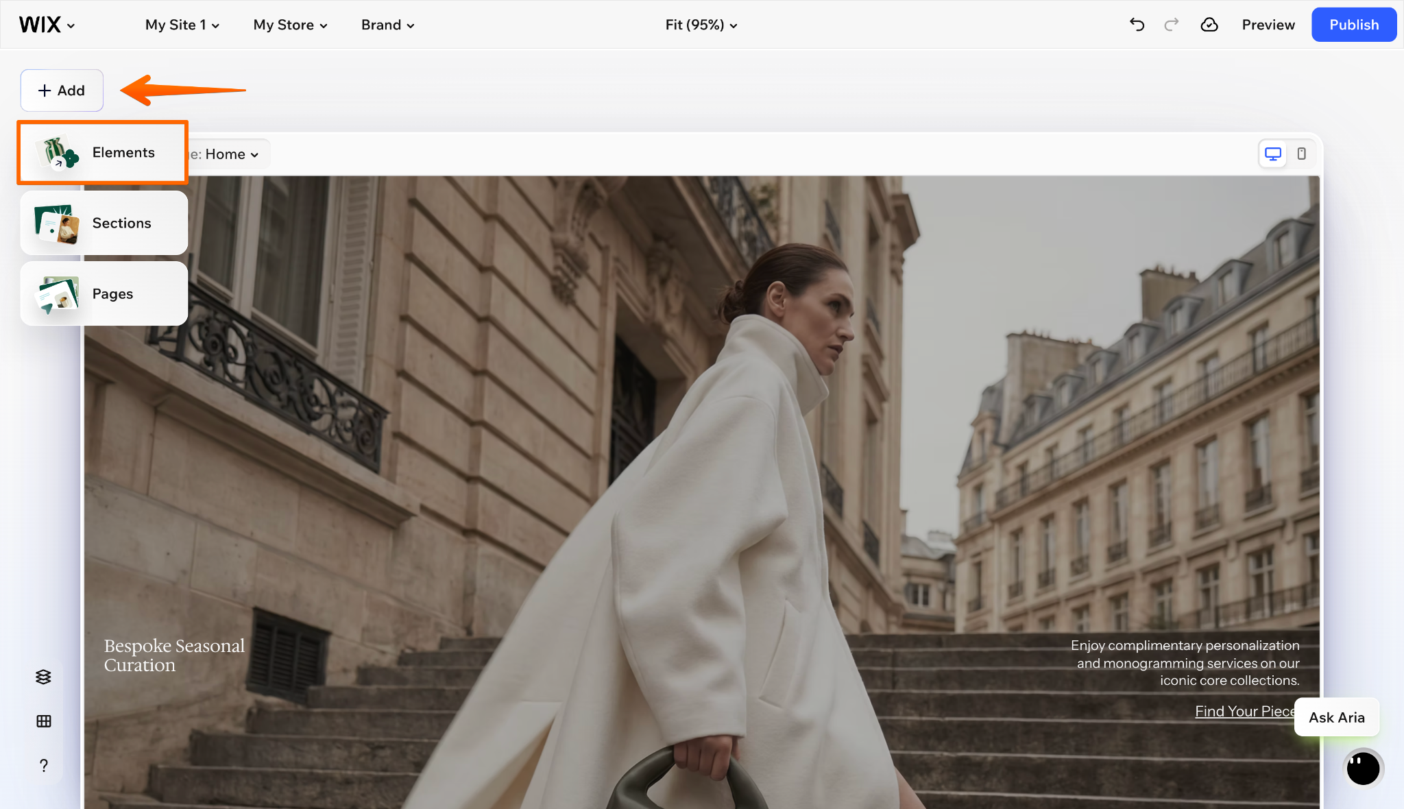 Wix Harmony Editor showing Add menu with Elements option highlighted
