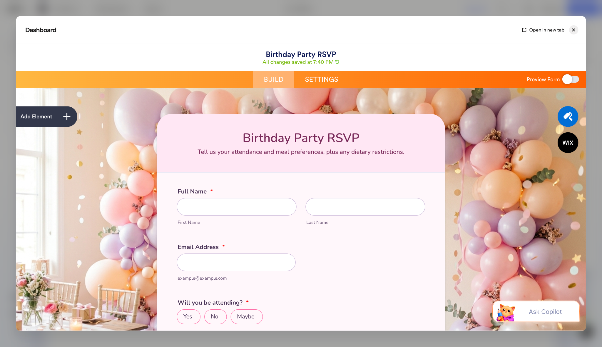 Jotform Form Builder displaying a birthday RSVP form with guest information and attendance questions