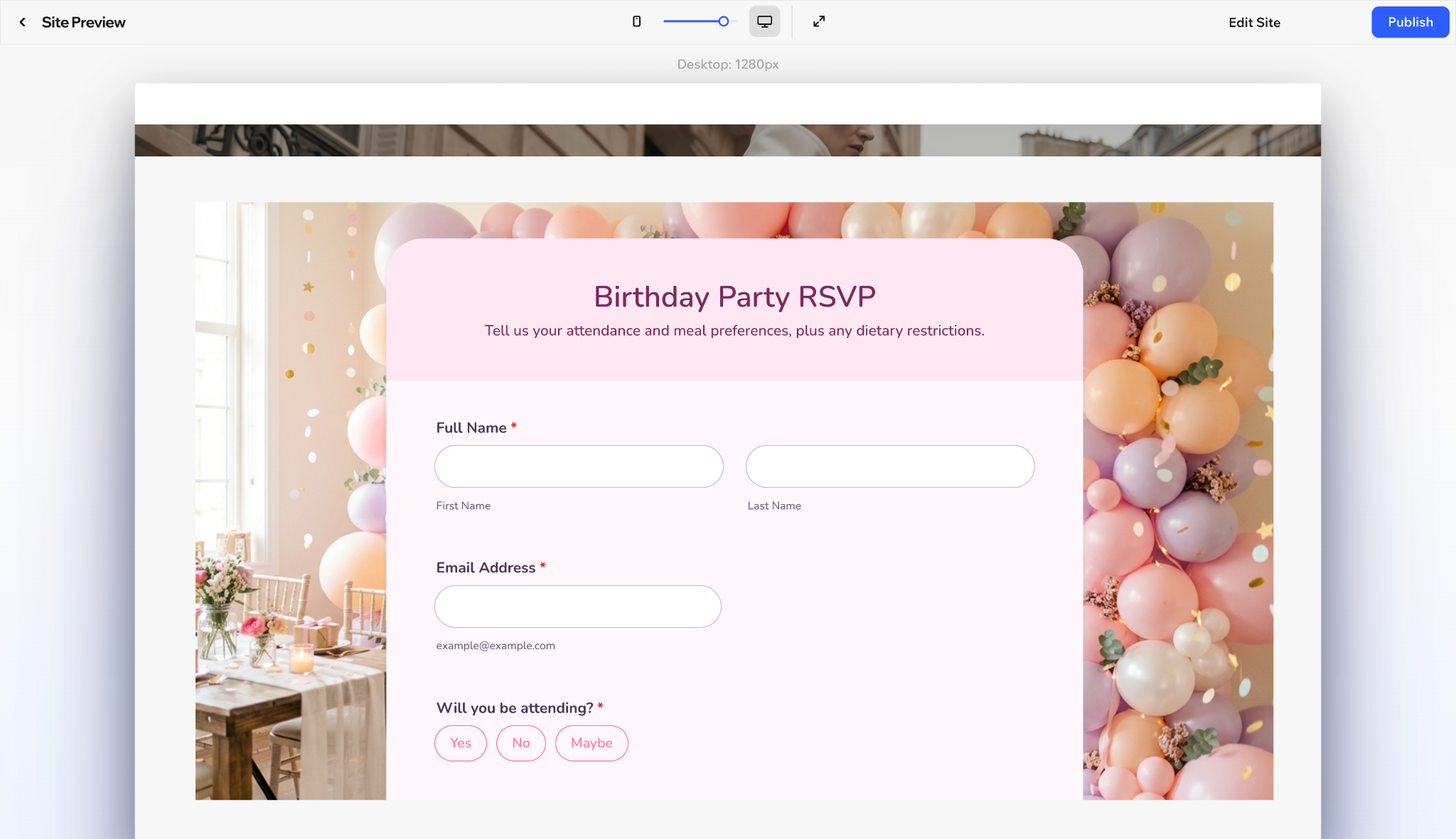 Wix site preview displaying an embedded Jotform birthday RSVP form with attendance fields