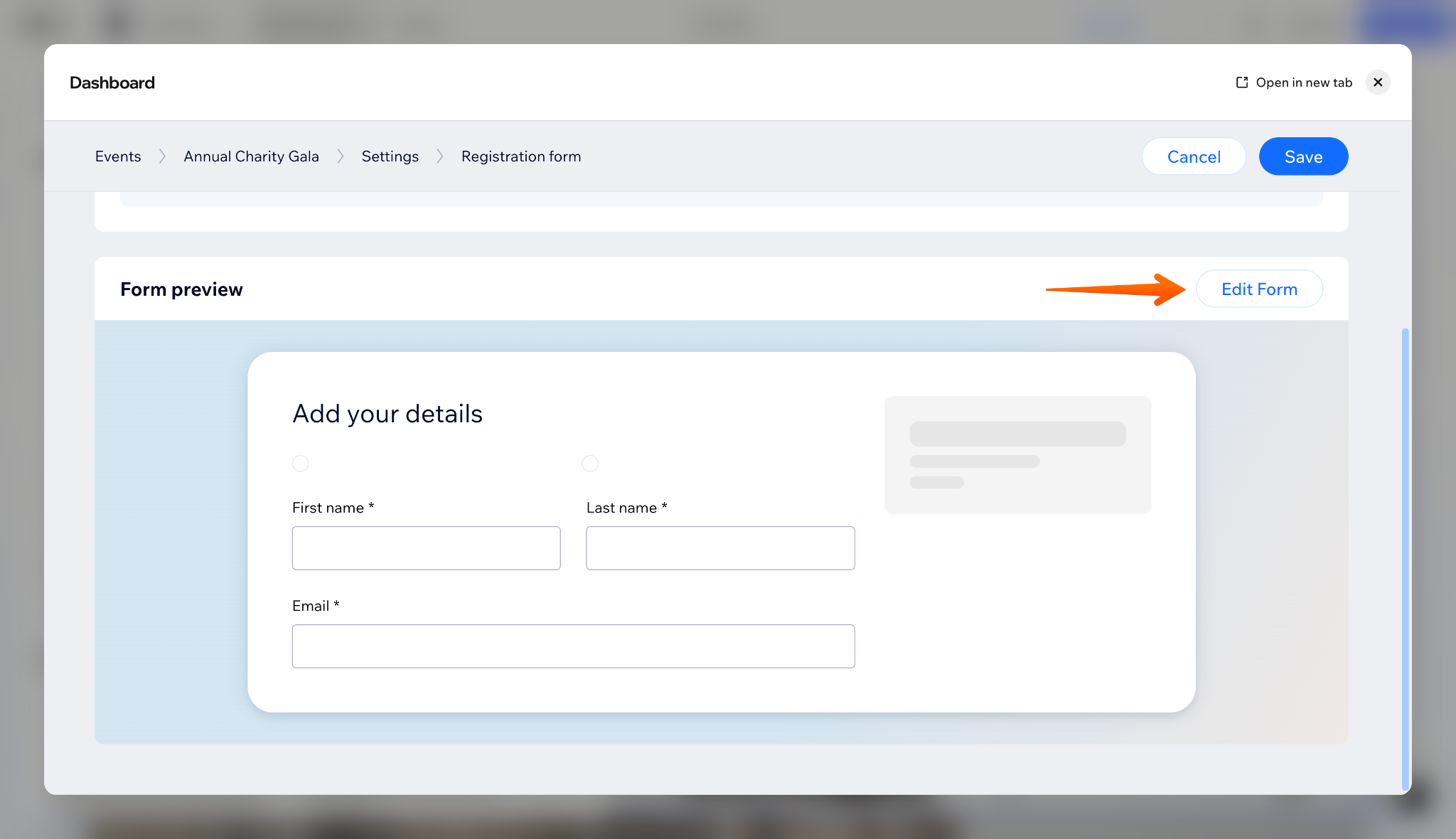 Wix Events registration form preview with Edit Form button and required guest fields