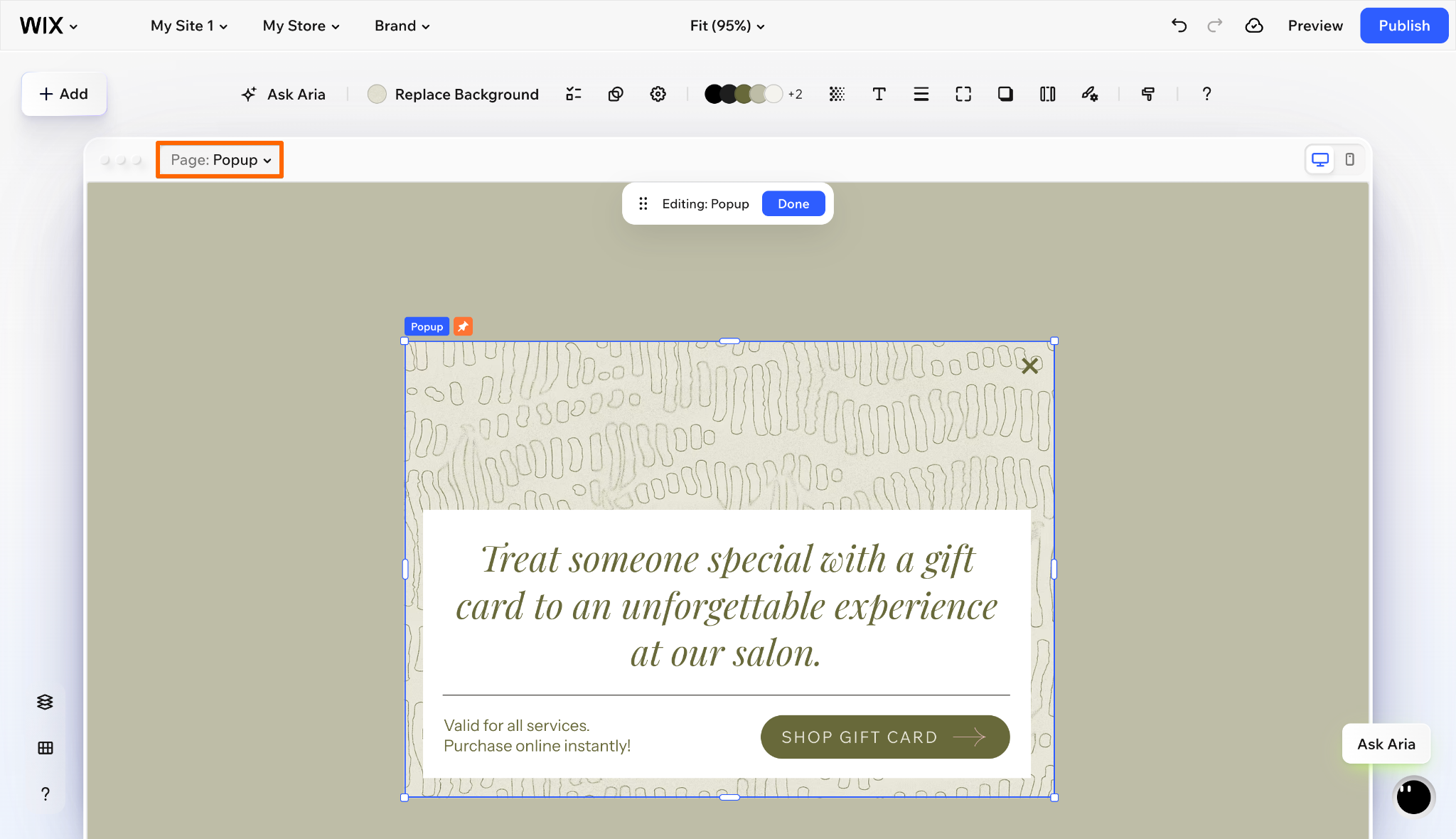 Wix popup selected in editor with Page dropdown set to Popup