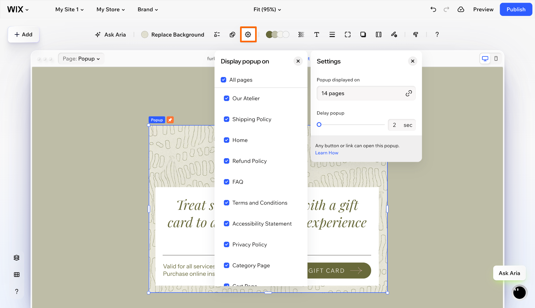 Wix popup settings showing page selection and popup display delay controls