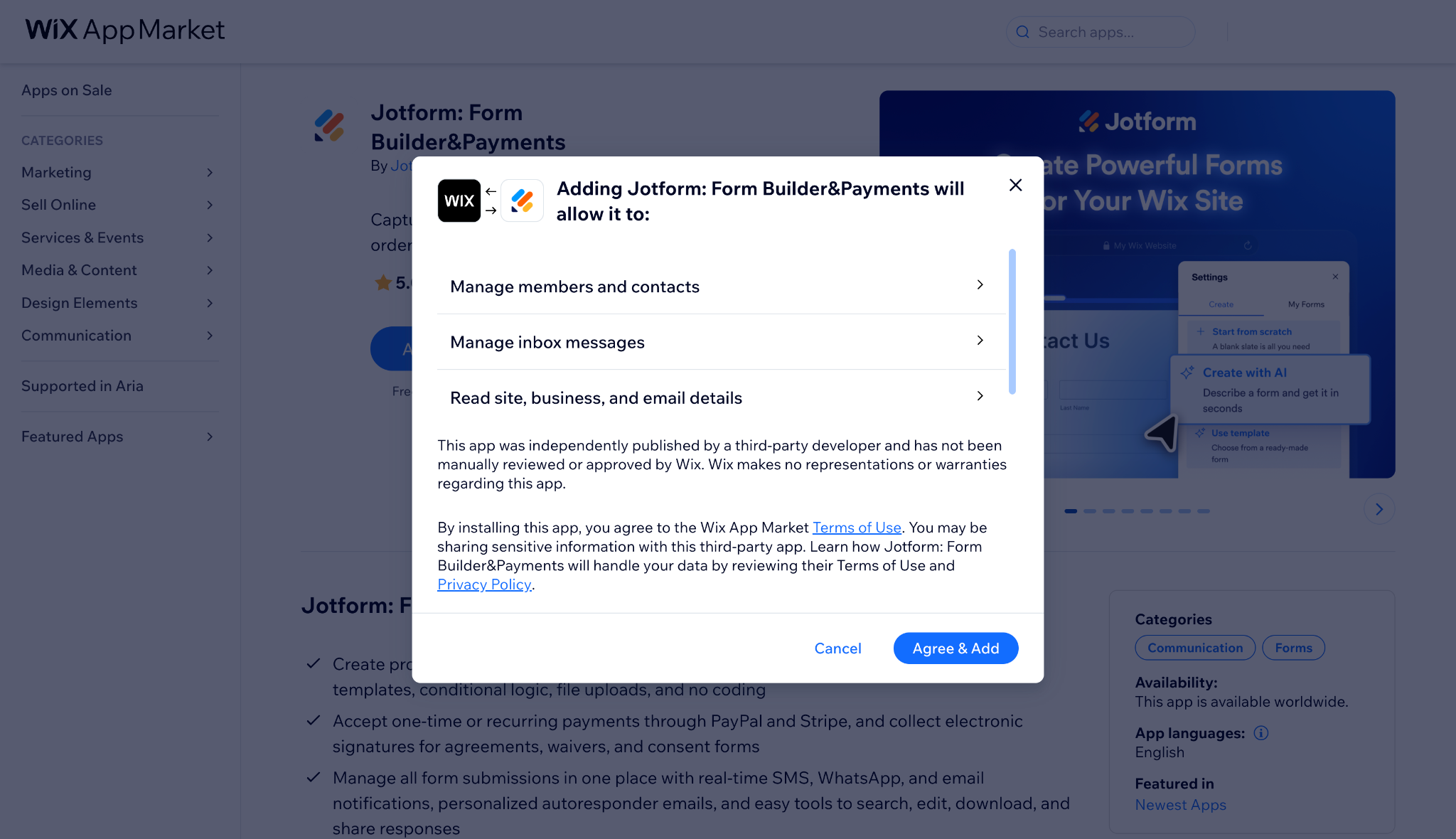 Wix App Market displaying Jotform installation permissions with Agree and Add button