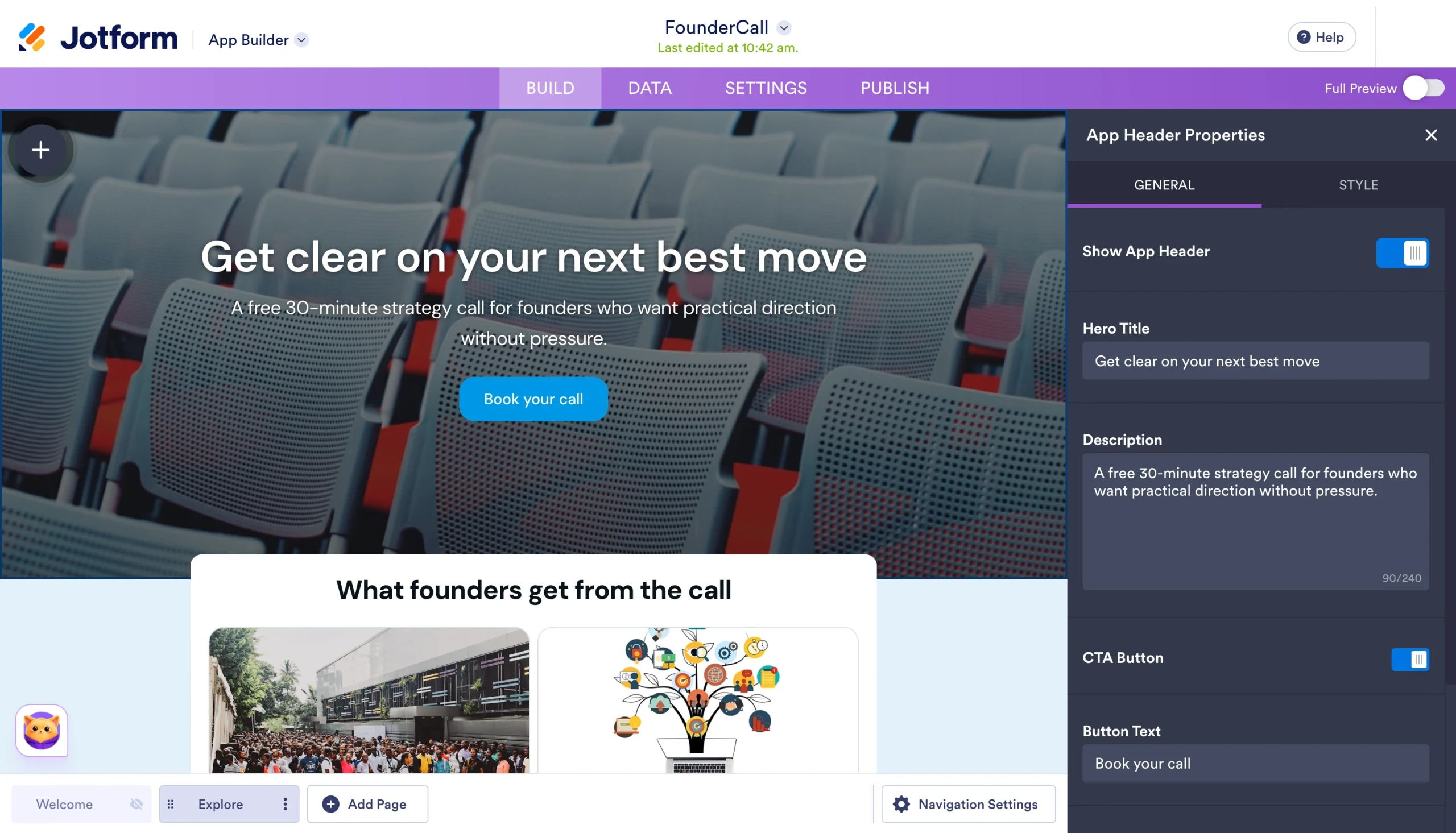 Jotform App Builder showing the app header settings panel for a landing page hero section