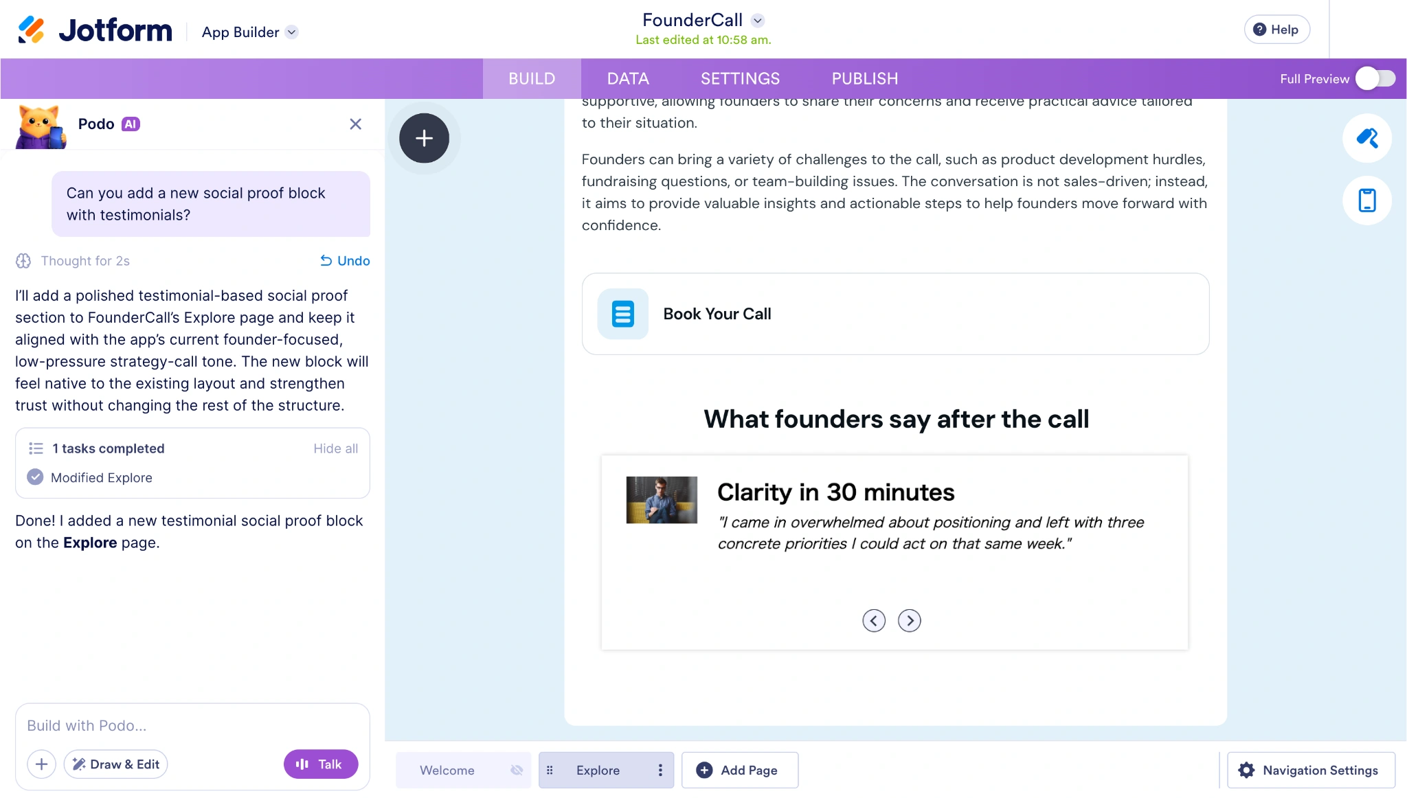 Jotform AI chat generating a testimonial section for a landing page
