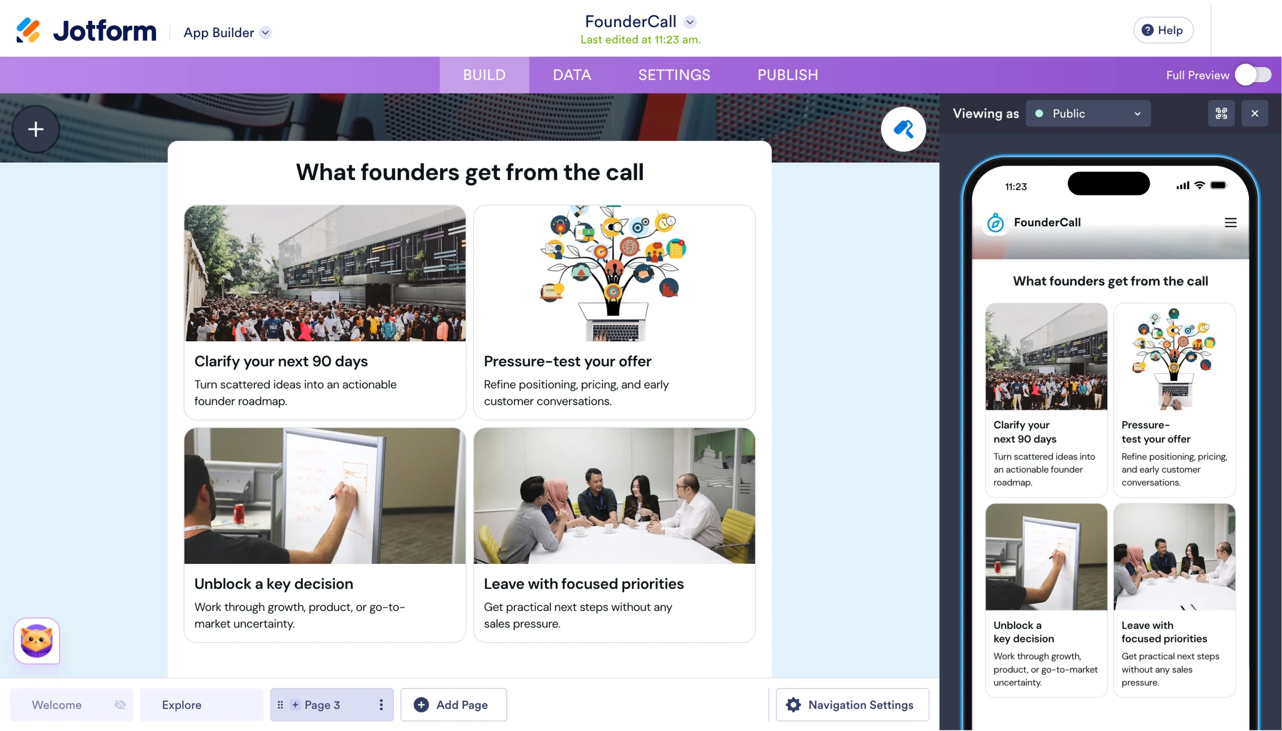 Jotform App Builder showing a landing page preview in desktop and mobile view
