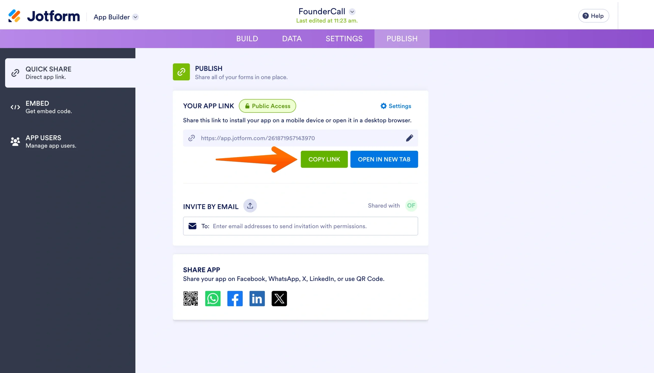 Jotform App Builder Publish tab showing the live app link and copy link option