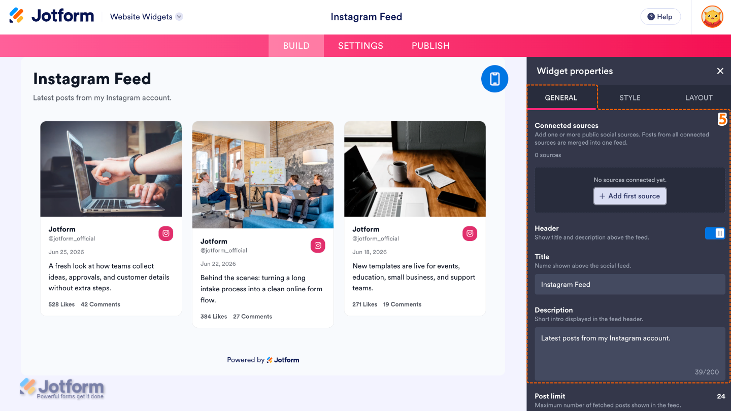 Instagram widget General settings showing Connected sources, Header, Title, and Description options