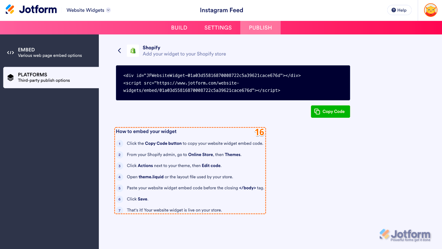 Following the How to Embed Your Widget instructions to add the Instagram Feed widget to a website