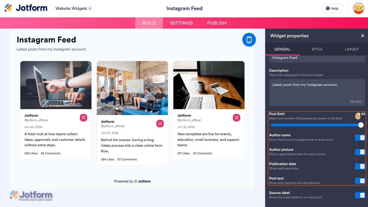 Instagram widget Styles settings showing Theme, Corner Radius, Post Style, Post Click Action, and External Link options