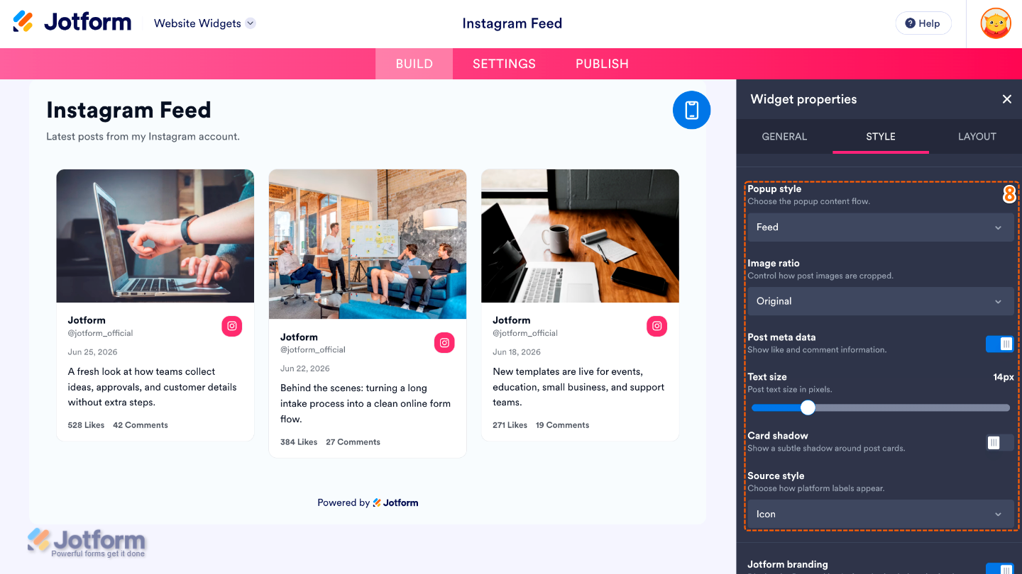 Instagram widget Styles settings showing Popup Style, Image Ratio, Post Meta Data, Text Size, Card Shadow, and Source Style options