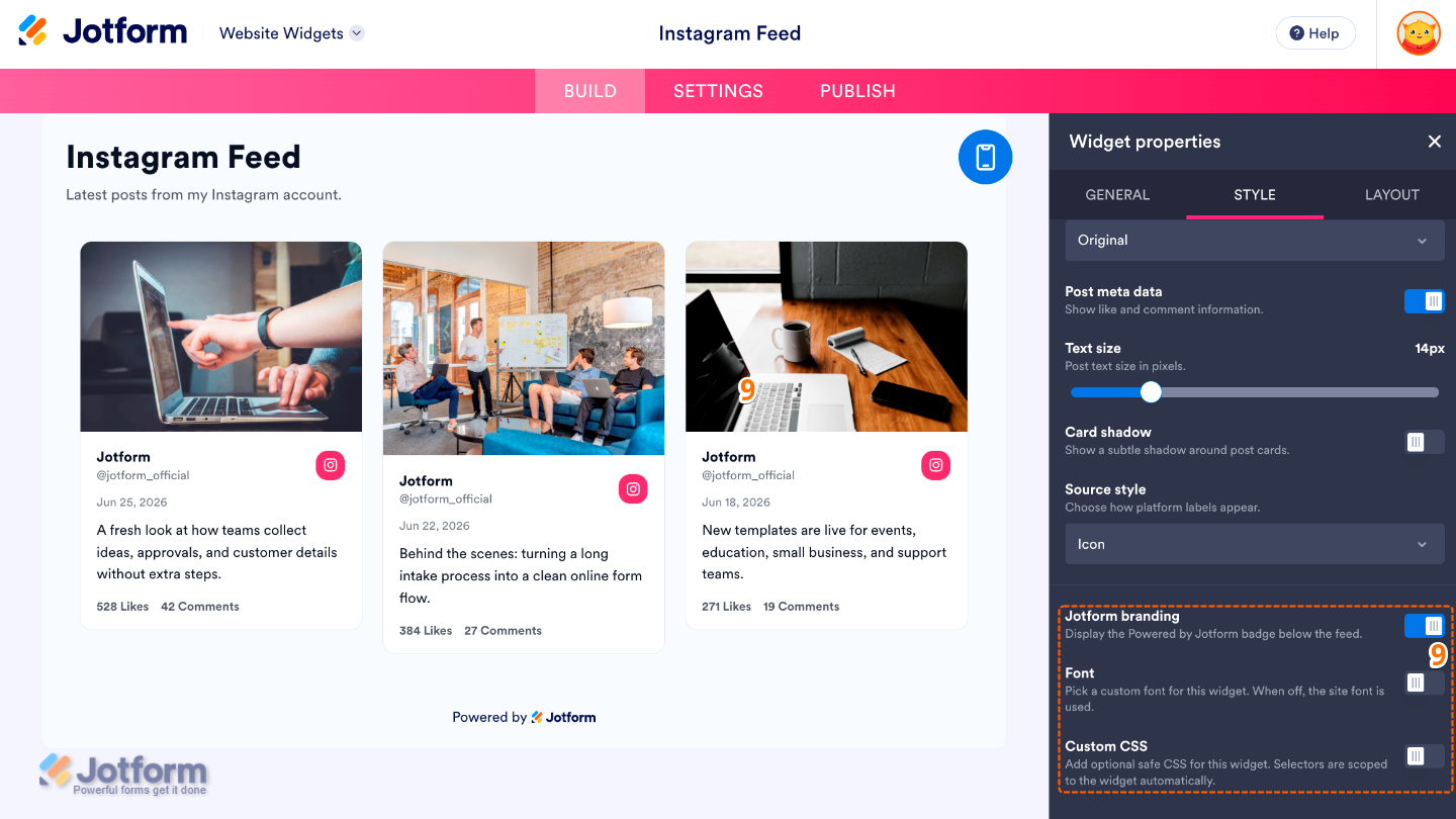 Customizing the Instagram widget by configuring Jotform Branding, Font, and Custom CSS options