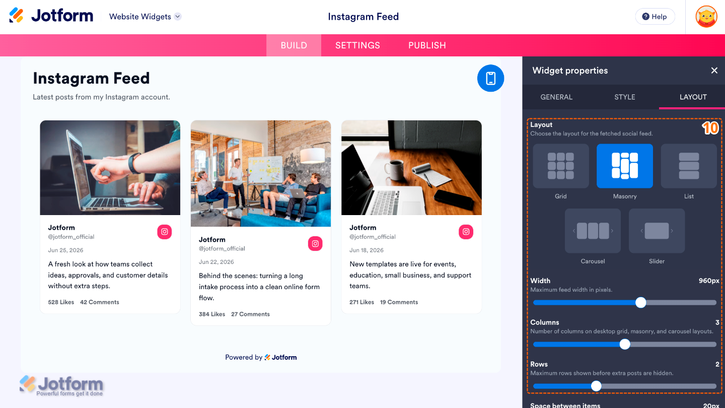 Configuring the Instagram widget layout by adjusting the Layout, widget width, column count, and number of rows