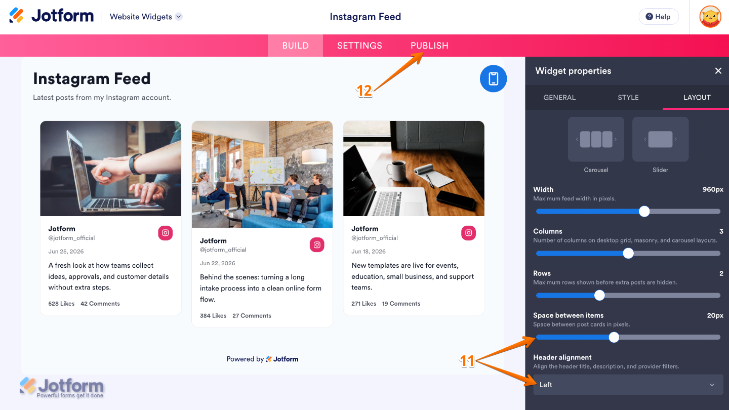 Instagram Feed widget settings showing Space Between Items and Header Alignment options before publishing