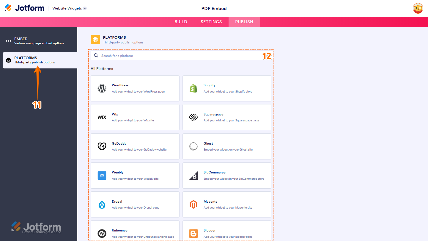 Jotform Website Widget Builder displaying the Platforms section with supported website platforms, allowing users to select a platform to copy the PDF Embed widget code and view platform-specific embedding instructions