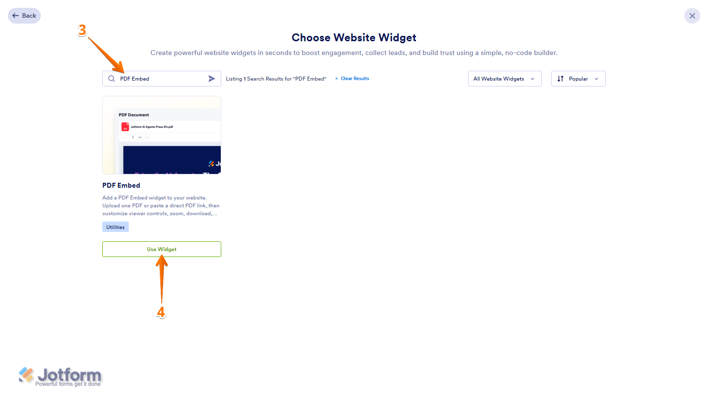 Jotform Choose Website Widget page showing the Search bar with PDF Embed entered and the Use Widget button selected from the search results to open the PDF Embed widget