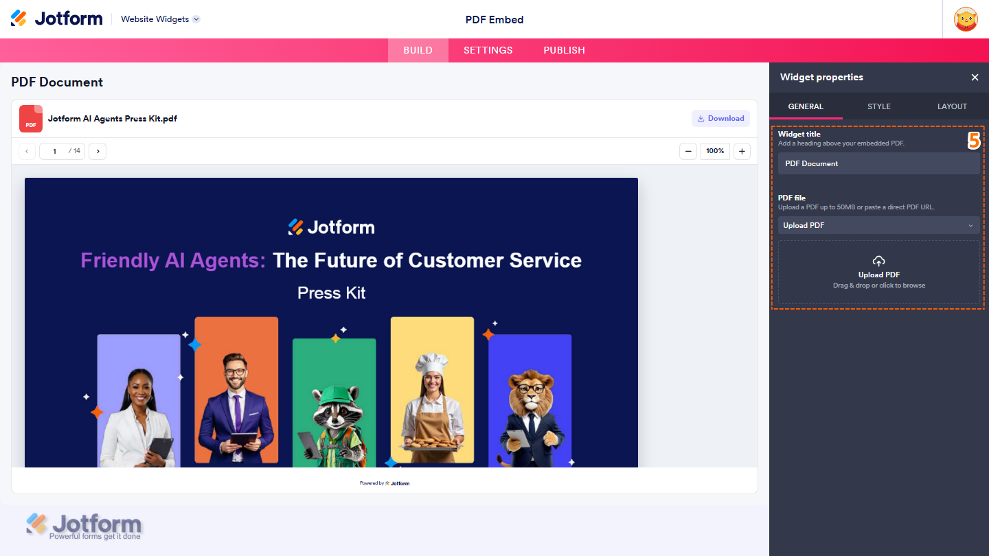 Jotform Website Widget Builder displaying the Widget Properties panel under the General tab with Widget Title and PDF File settings, allowing users to upload a PDF or enter a direct PDF URL for embedding