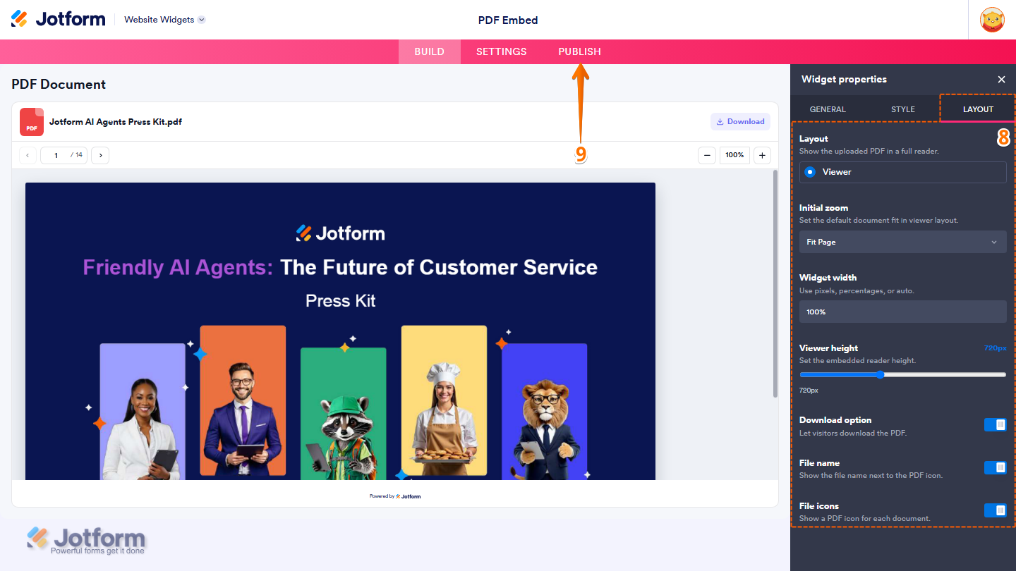Jotform Website Widget Builder displaying the Layout tab with options for Layout, Initial Zoom, Widget Width, Viewer Height, Download Option, File Name, and File Icons, with the Publish button available in the top navigation bar