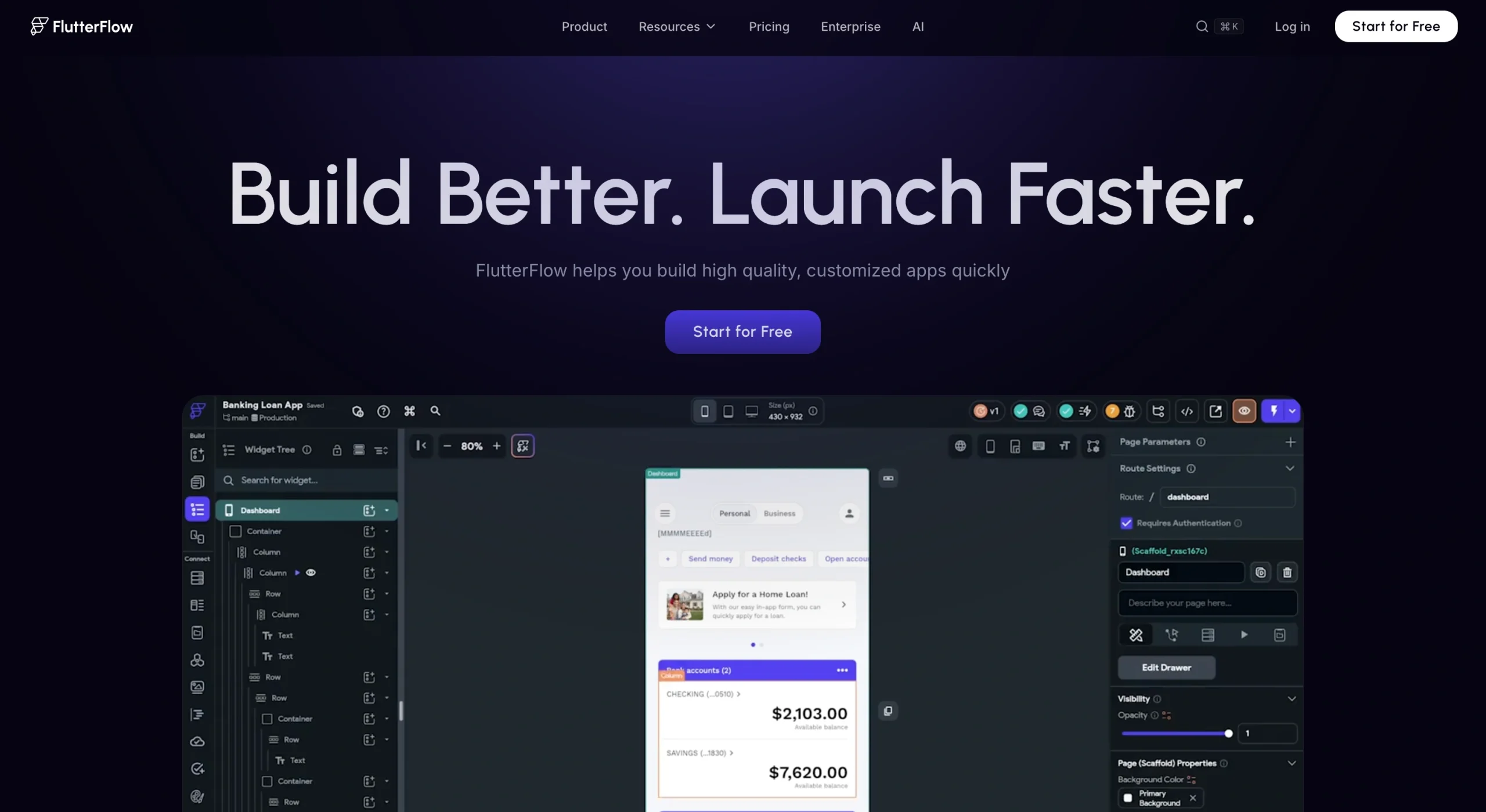 Screenshot of the FlutterFlow landing page, showing a headline "Build Better