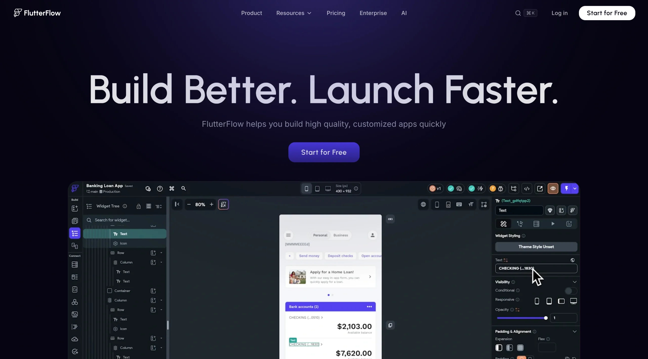Screenshot of the FlutterFlow landing page, showing a headline "Build Better