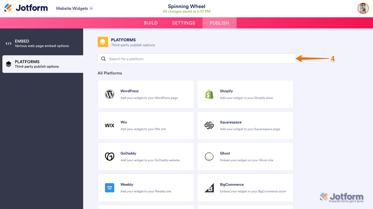 Website Widget Platforms page showing the search bar used to find a supported website platform