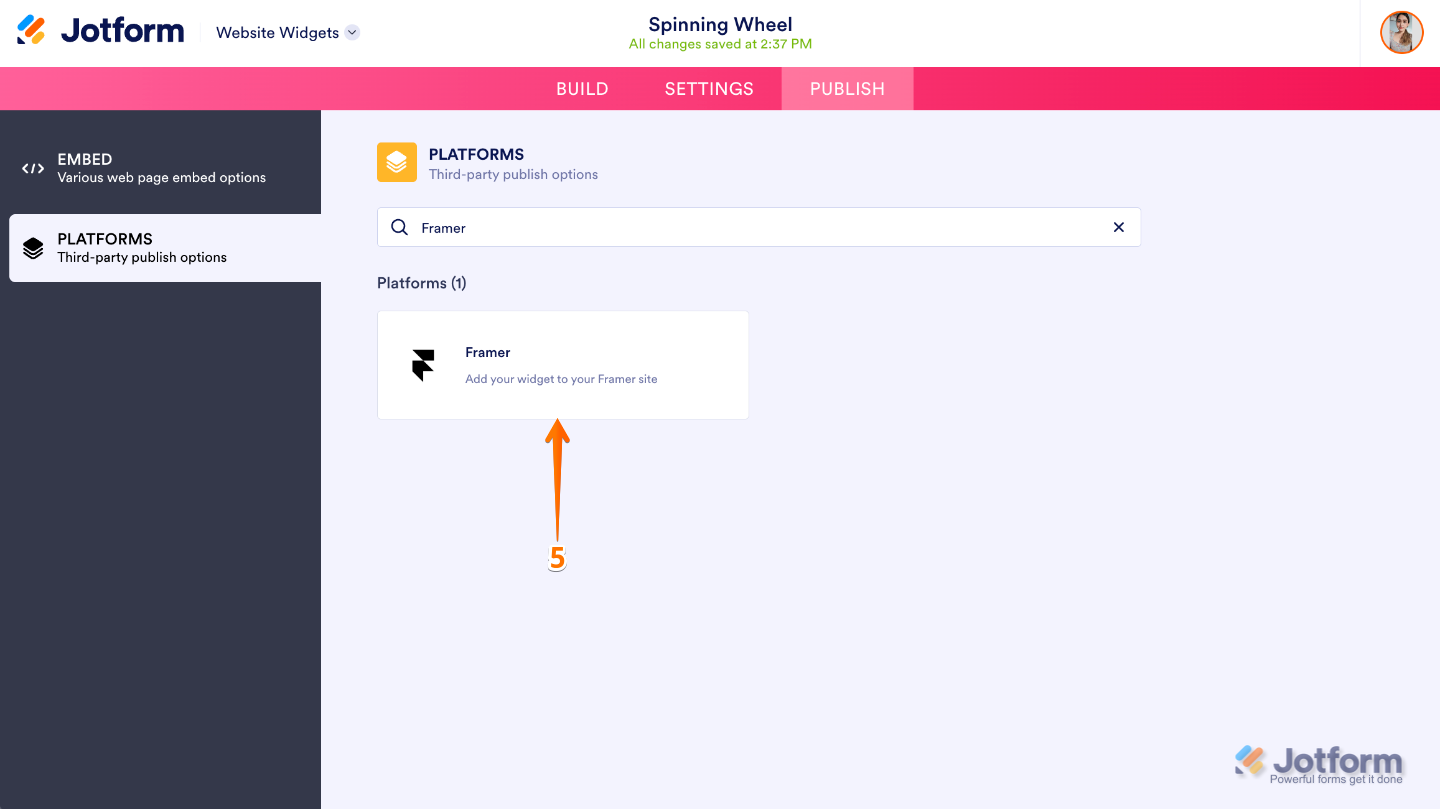 Website Widget Platforms page showing the Framer icon selected for platform-specific embedding instructions