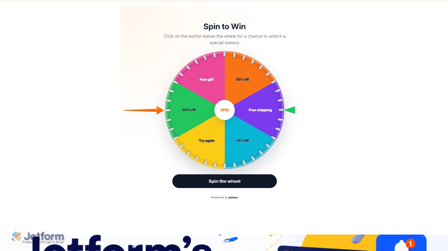 Sample website showing the Spinning Wheel widget with customizable prize segments and a spin button for visitor engagement