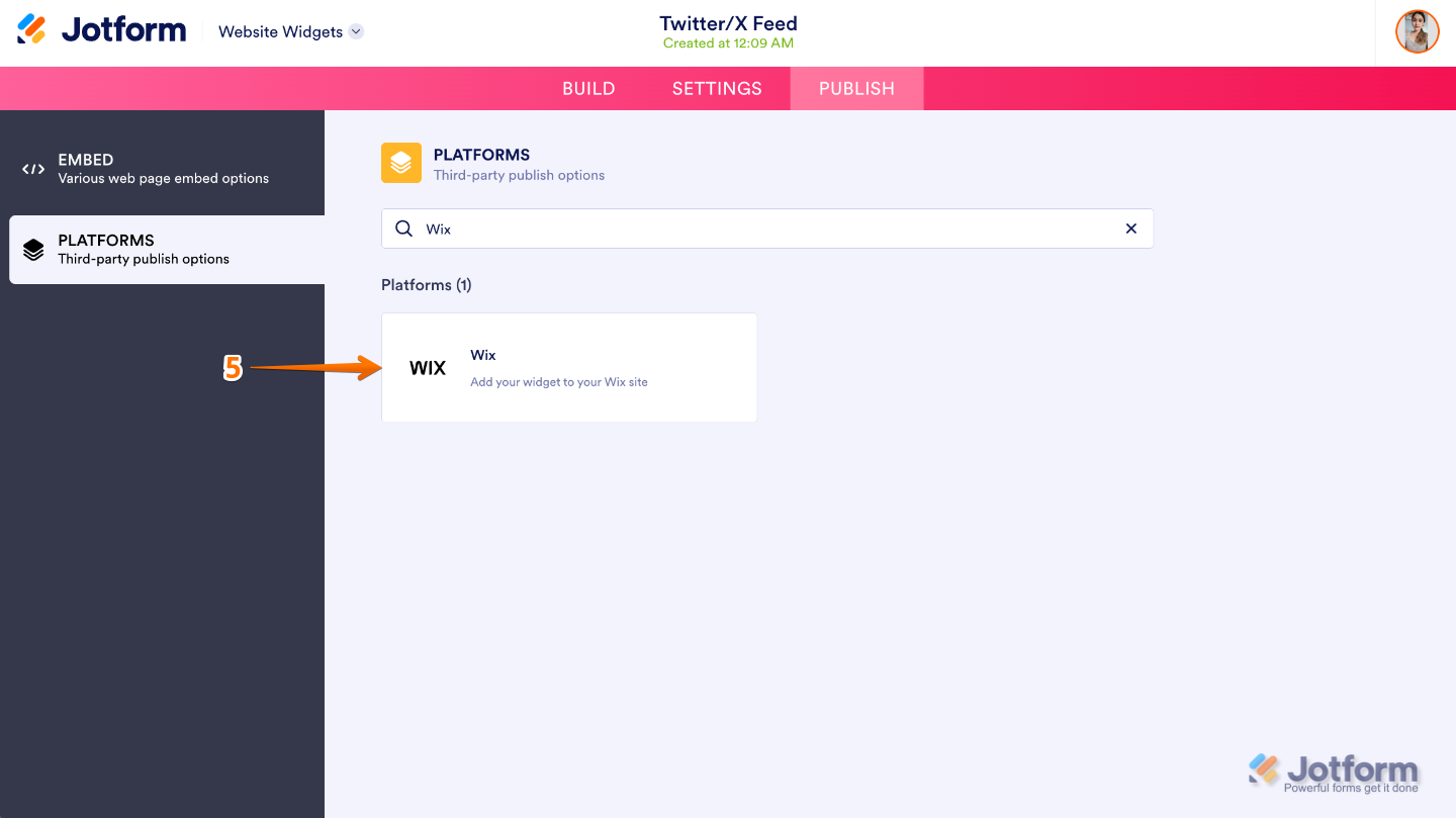 Website Widget Platforms page showing the Wix icon selected for platform-specific embedding instructions