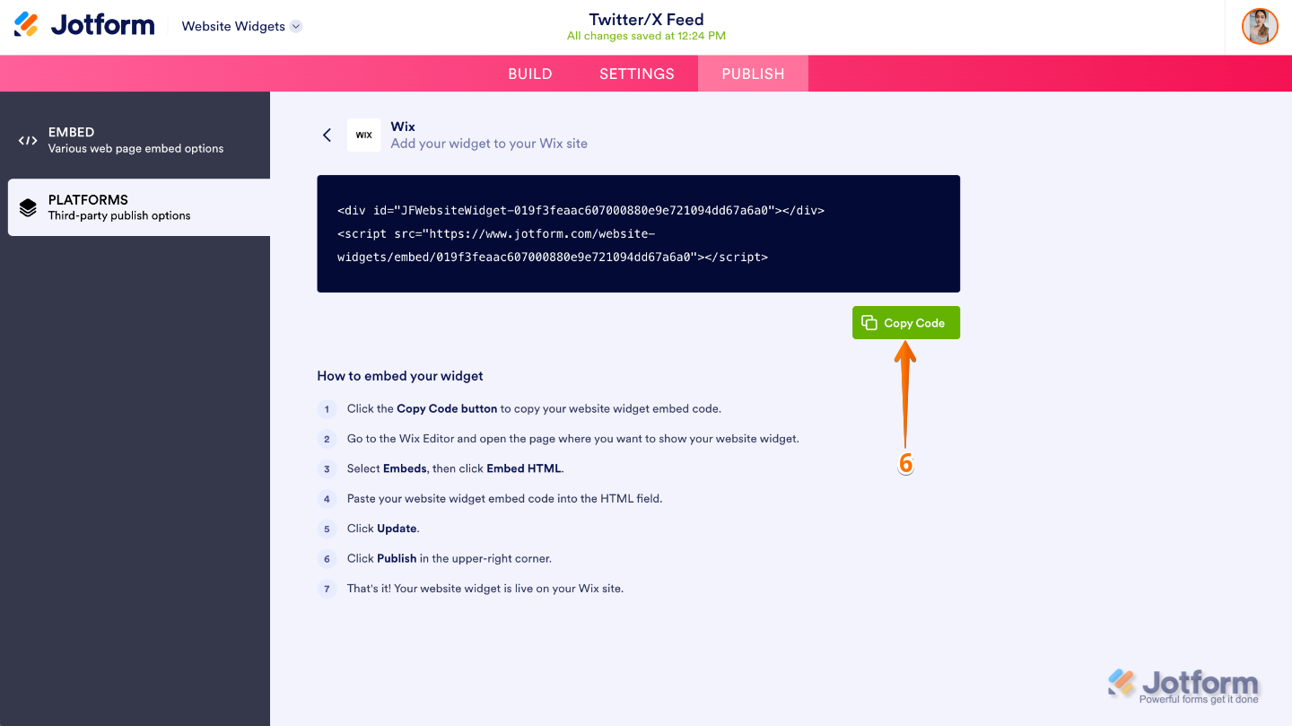Website Widget embedding page showing the Copy Code button for adding the widget to a Wix website