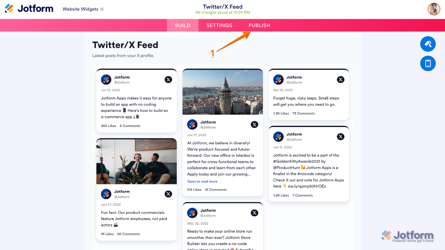 Website Widget Builder showing the Publish button in the pink navigation bar at the top of the page