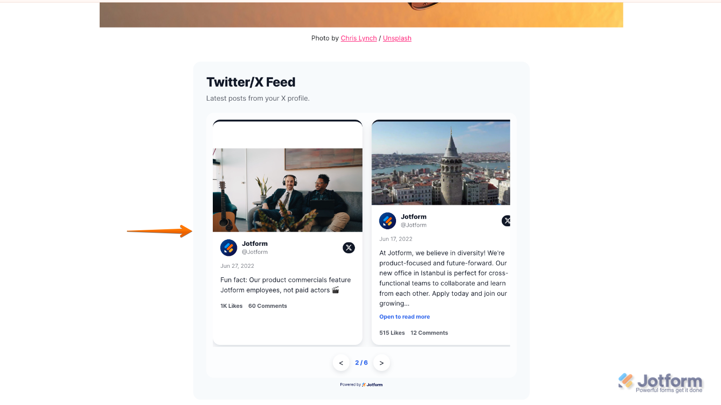 Twitter/X Feed widget embedded on a sample website displaying the latest posts from a connected X account