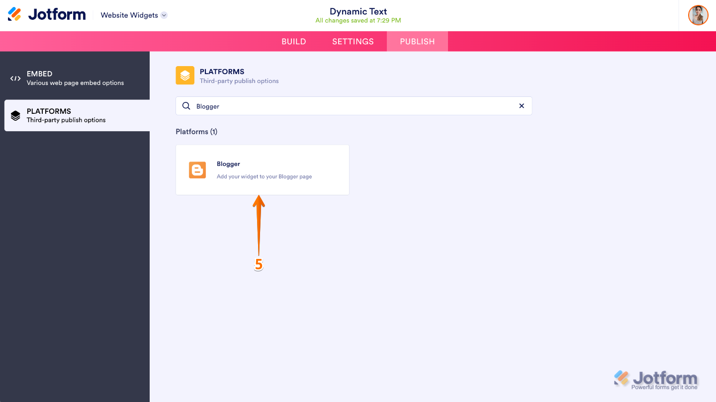 Website Widget Platforms page showing the Blogger icon selected for platform-specific embedding instructions