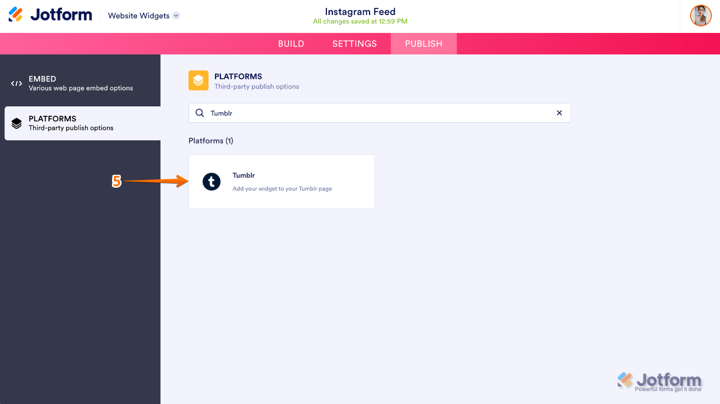 Selecting the Tumblr platform from the Jotform Platforms page to view widget embedding steps