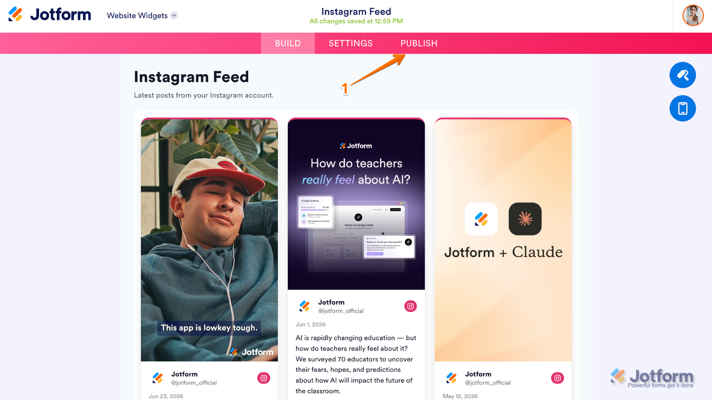 Website Widget Builder showing the Publish button in the pink navigation bar at the top of the page