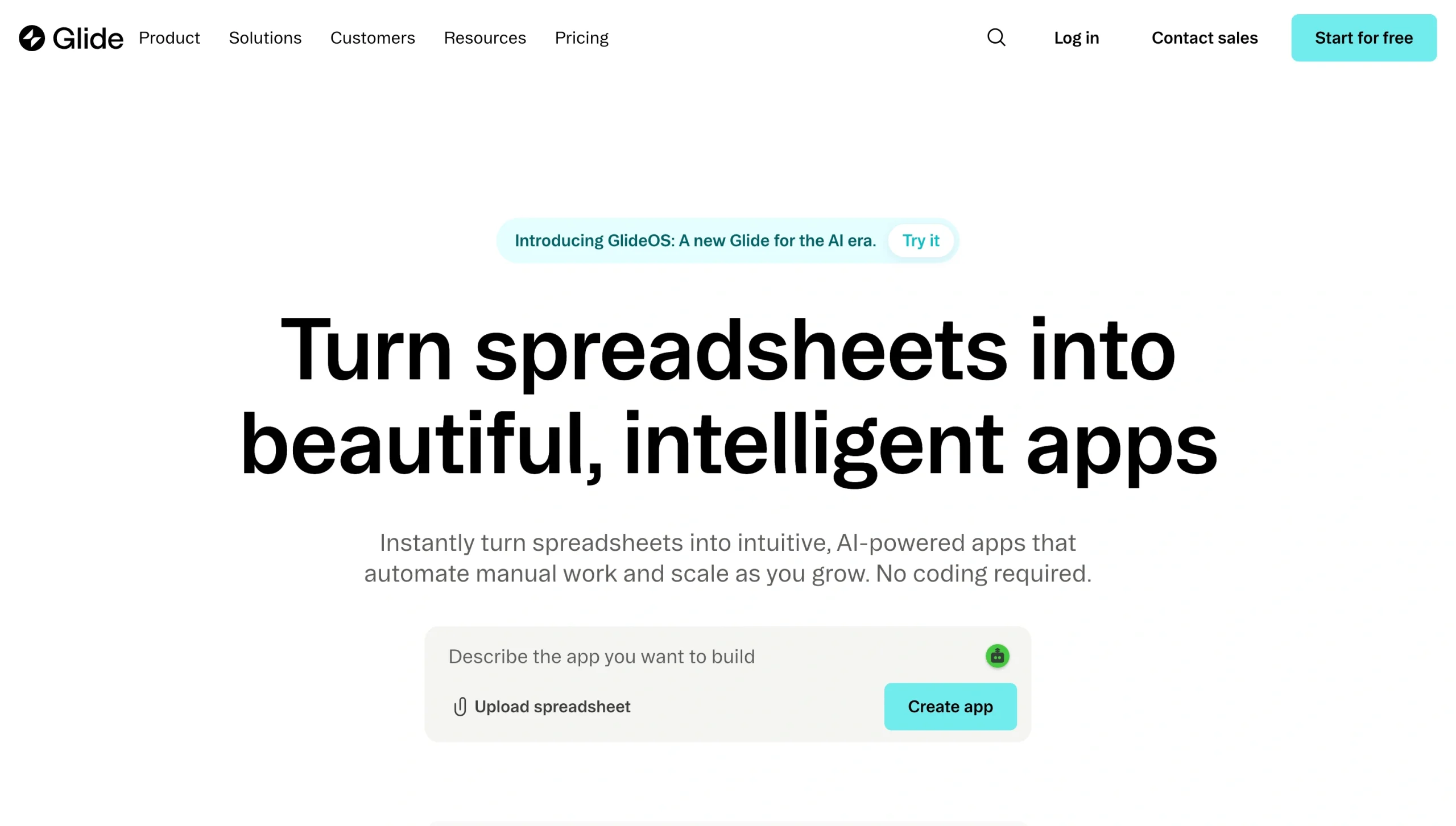 Screenshot of the Glide landing page, showing a headline "Turn spreadsheets into beautiful, intelligent apps"
