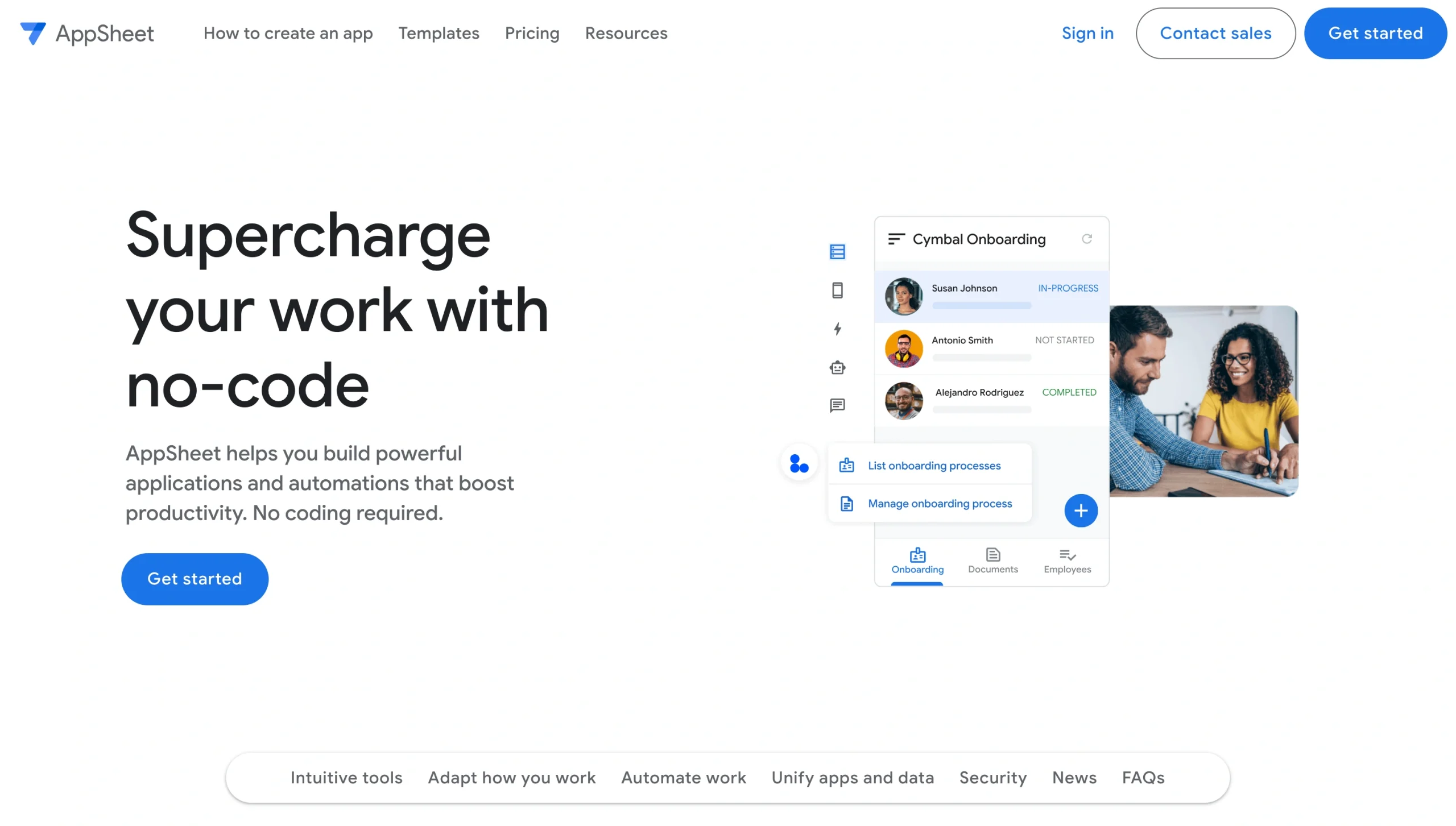 Screenshot of the AppSheet landing page, showing a headline "Supercharge your work with no-code"