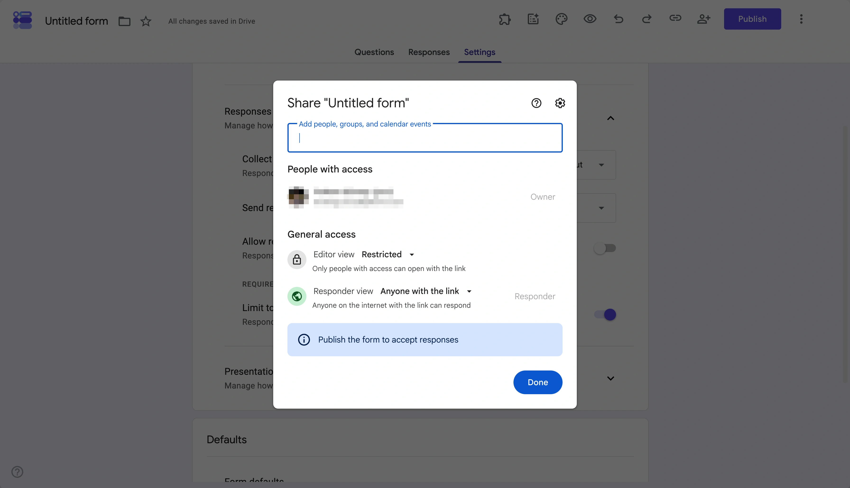 Google Forms sharing dialog displaying options for publishing and sharing the form