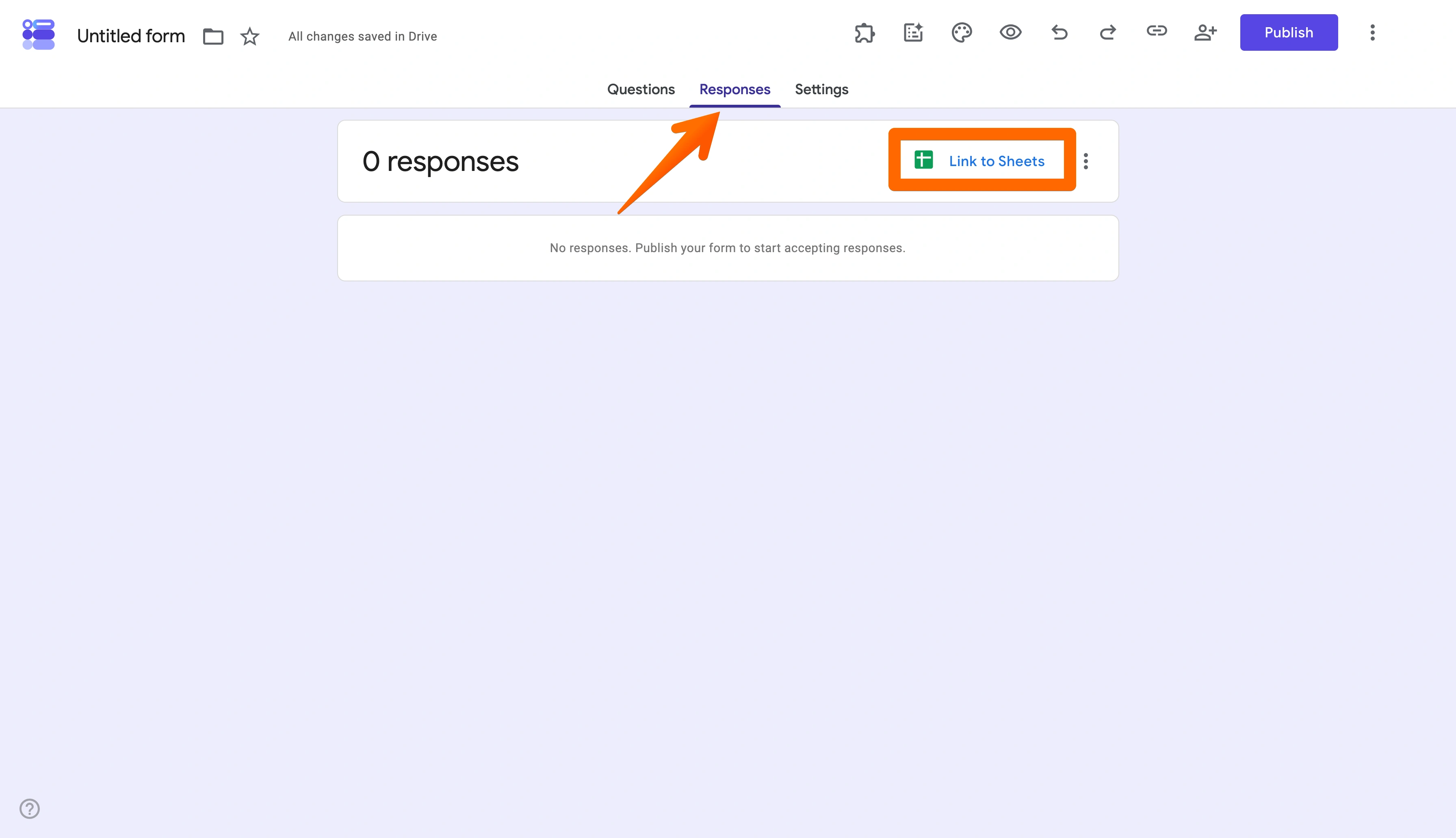 Responses tab with the Link to Sheets button highlighted