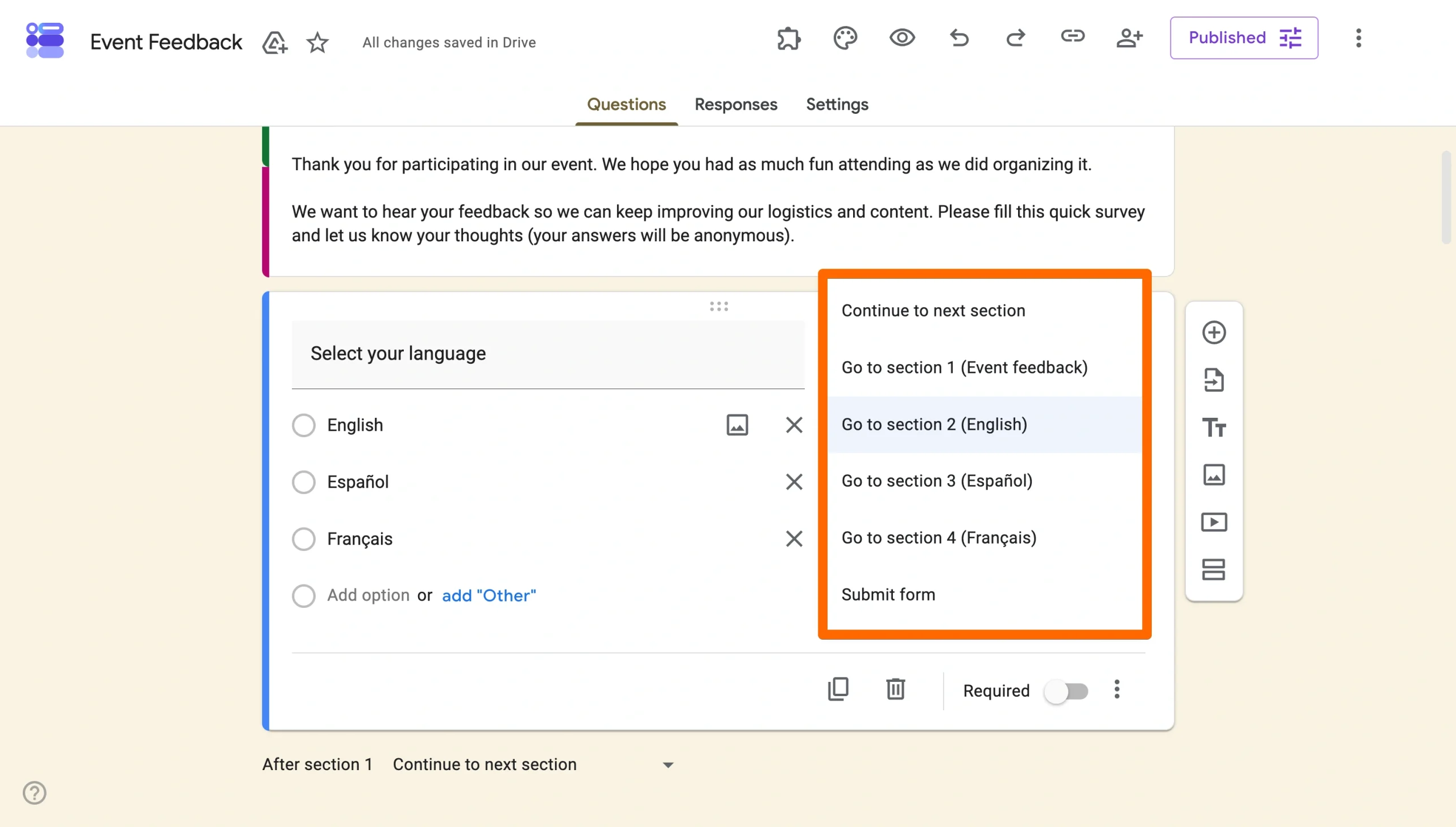 Google Forms answer choices linked to corresponding language sections