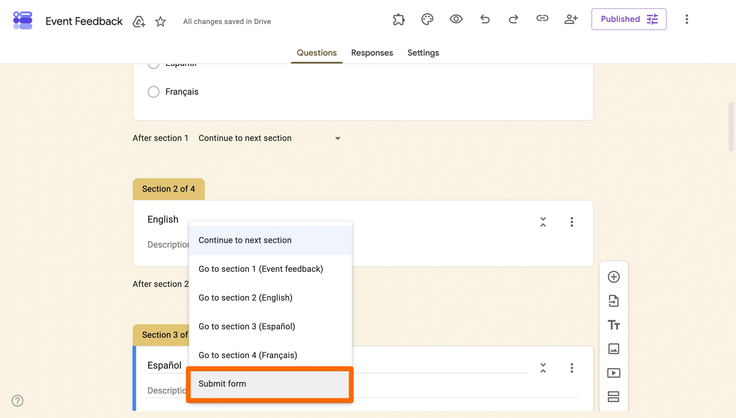 Google Forms section menu with “Submit form” selected