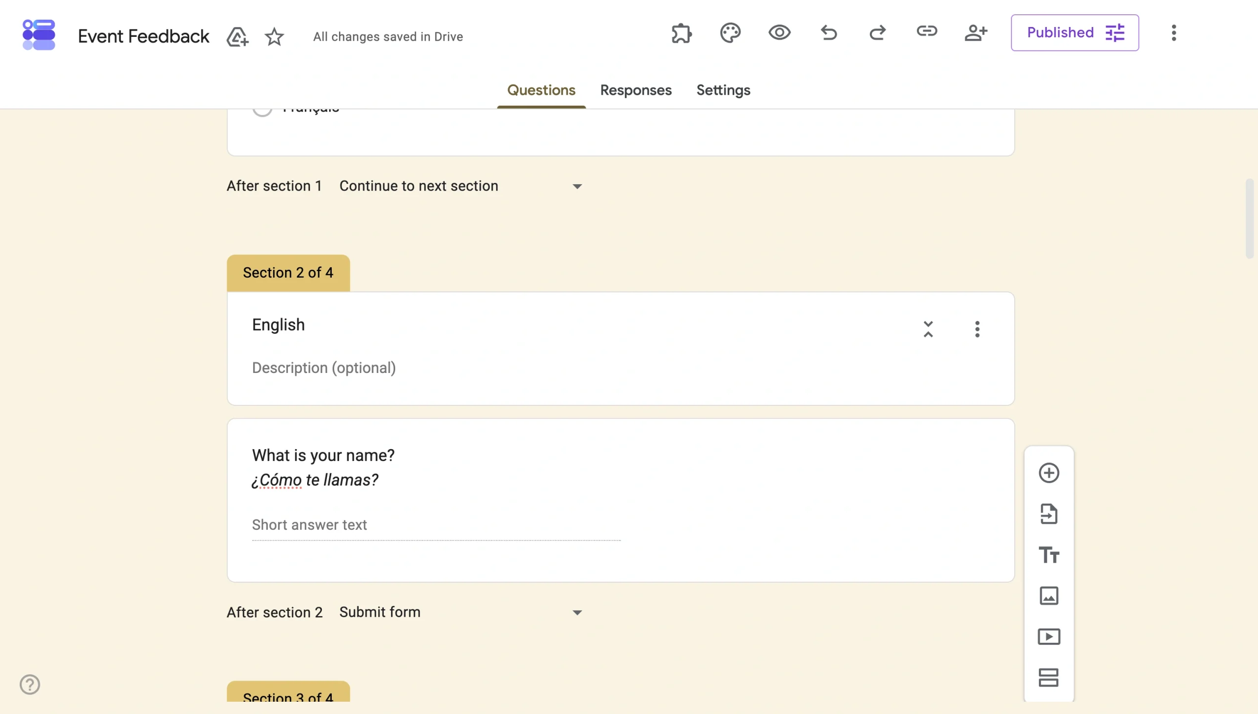 Google Forms section containing translated questions and answer options