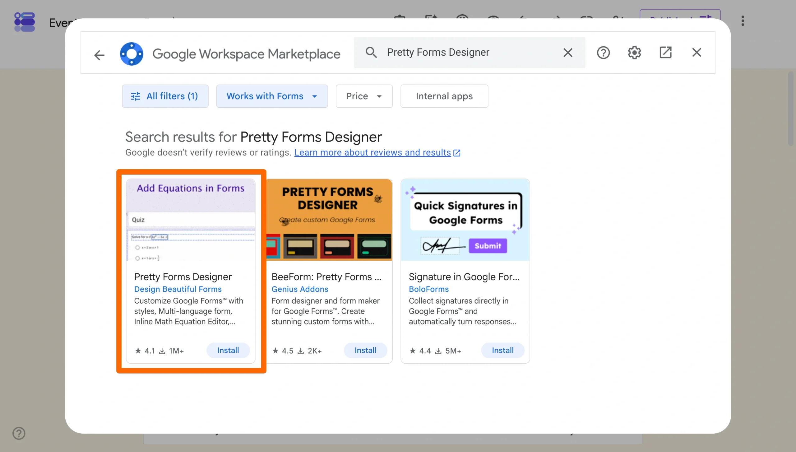 Google Workspace Marketplace showing the Pretty Forms Designer add-on