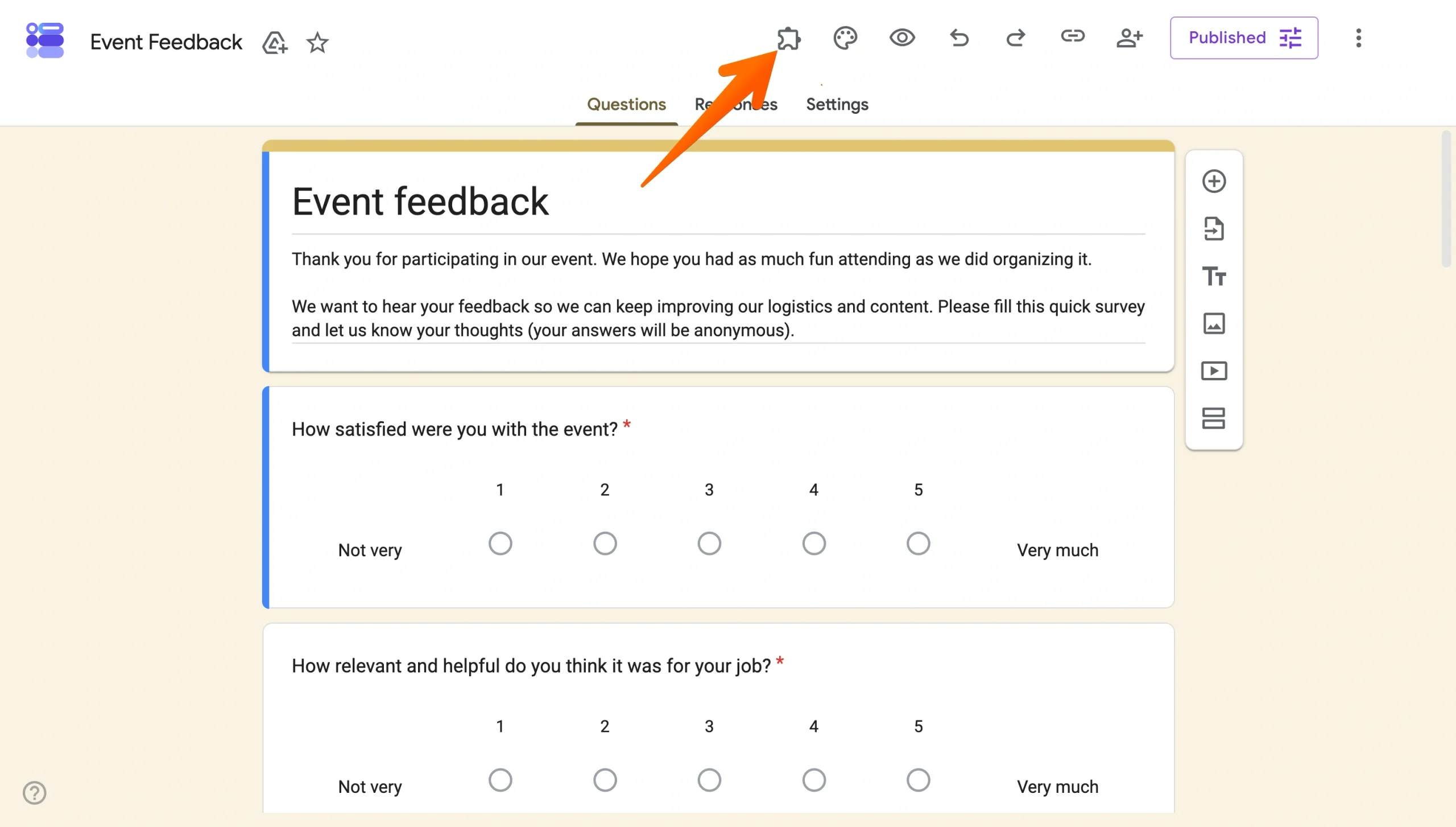 Google Forms editor with the Pretty Forms Designer add-on icon highlighted