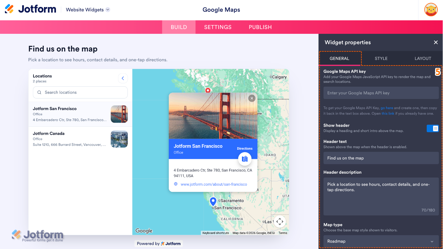 Configuring the Google Maps widget by entering a Google Maps API key, customizing the header, and selecting a map type