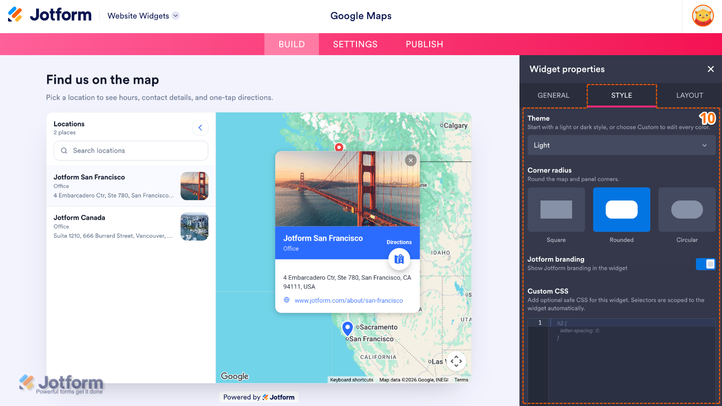Google Maps widget Styles settings showing Theme, Corner Radius, Jotform Branding, and Custom CSS options