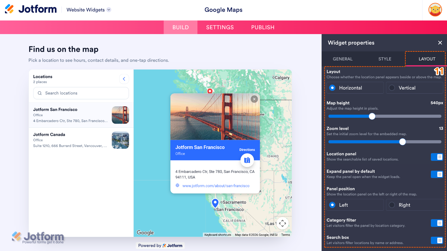 Configuring the Google Maps widget by adjusting the map layout, zoom level, location panel, category filter, and search box settings