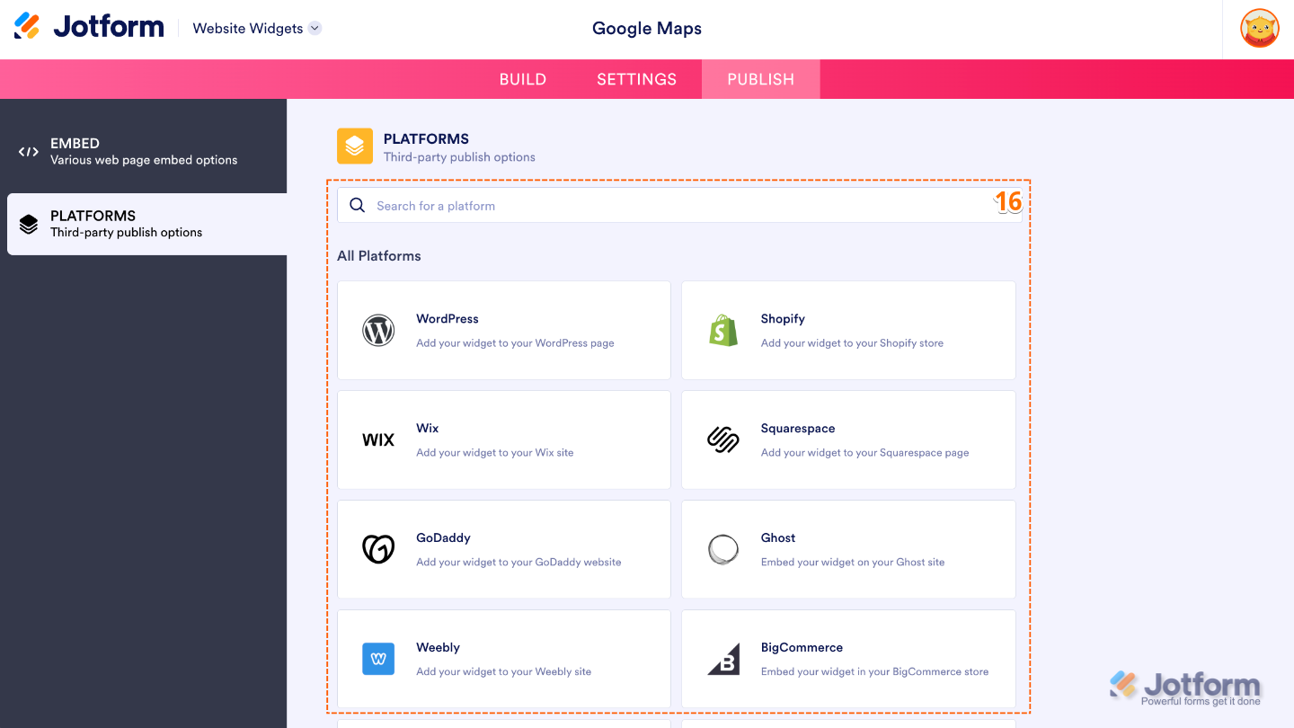 Website Widget Platforms page showing supported website platforms and a search bar for finding a platform's embedding instructions