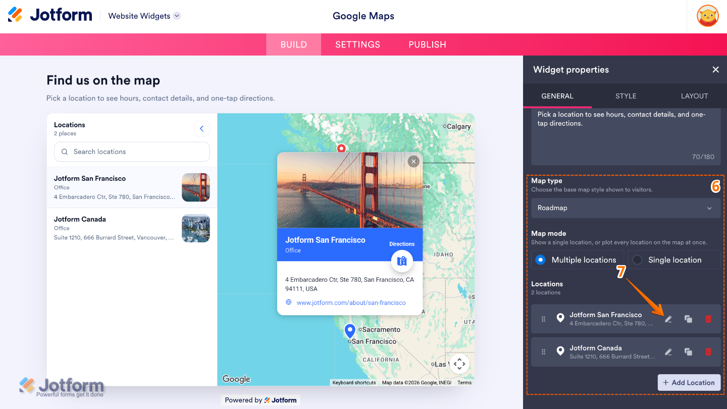 Google Maps widget General settings showing Map Mode, location management options, and controls to edit, duplicate, delete, or add locations