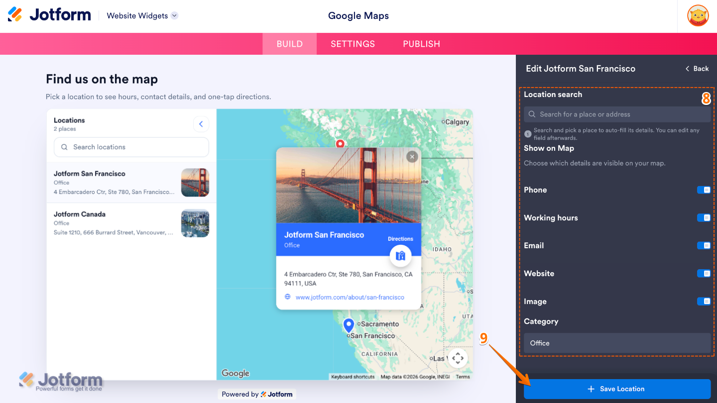 Google Maps widget Edit Location window showing Location Search, contact details, map display options, image, category settings, and the Save Location button