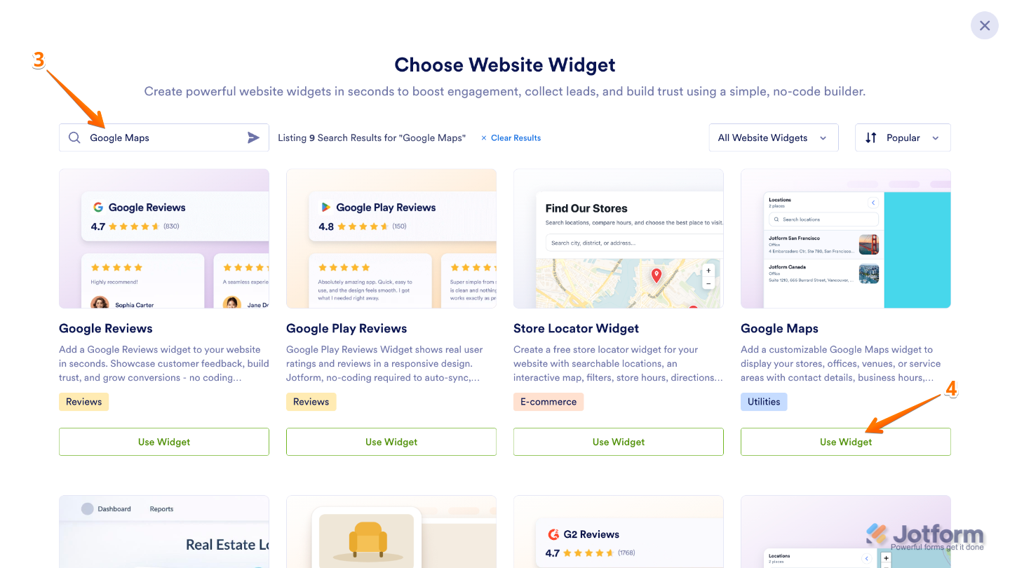 Searching for the Google Maps widget in the Choose Website Widget menu and selecting Use Widget